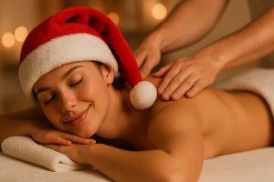 Ragazza con cappello da Babbo Natale che si fa fare un massaggio